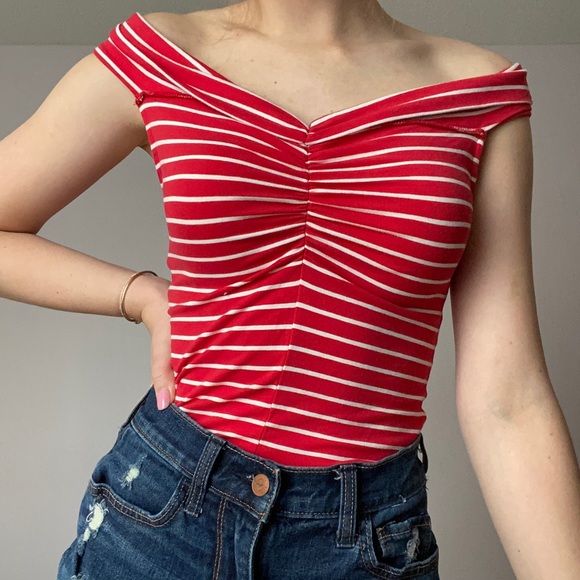 Red and white stripped off the shoulder top - Picture 2 of 3